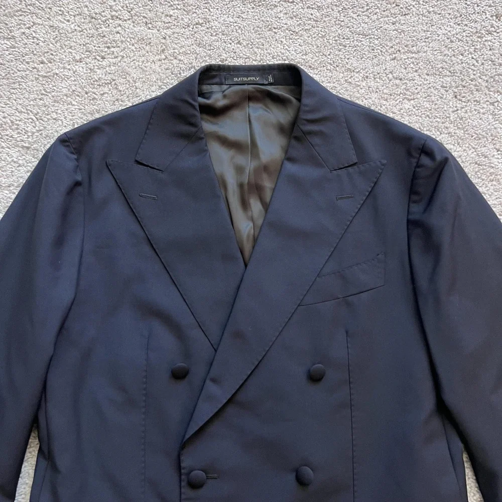 Suitsupply Havana Double Breasted Jetted FL Blazer Mens 42 Blue Wool Mohair Slim